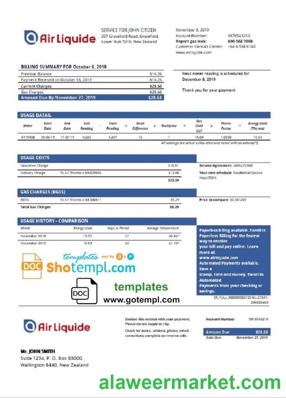 New Zealand Air Liquide gas utility bill template in Word and PDF format